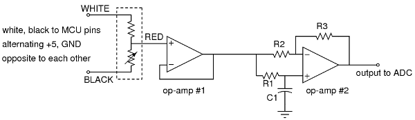 three wire strain gauge dual op-amp amplifier schematic