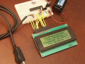 The USB NerdKit showing off the LCD, microcontroller, and USB programming cable