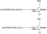 We use one BJT transistor and one base resistor (plus a pull-up resistor built into the microcontroller) for each of the clock and data lines, to shift them from the 1.5 volt logic of the calipers to the 5.0 volt logic of the microcontroller.