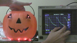 The oscilloscope shows the voltage across the aluminum foil capacitor, which is formed by one piece behind the face of the Jack-O-Lantern, and another beneath it.  The presence of a hand increases the capacitance slightly, which makes the circuit take longer to discharge.