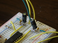 For each audio channel (left and right), we constructed a simple filter between the microcontroller's PWM output and the line-in input of the amplified speakers.