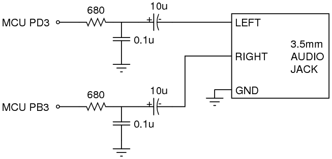 Simple PWM audio filtering circuit between microcontroller PWM output pins and line-in input of amplified speaker system