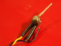 Close-up view of the sensor, an LM34 with a copper probe