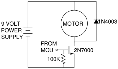 Final motor control circuit, showing motor, MOSFET, flyback diode, and gate pull-down resistor