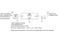 This power regulation scheme allows the microcontroller and digital circuitry to continue functioning for several milliseconds even when the main power input voltage Vdd dips due to a solenoid firing.