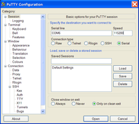 PuTTY serial port setup