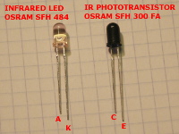 The OSRAM SFH 484 IR LED and SFH 300 FA IR phototransistor have the longer and shorter leads reversed compared to most parts, so be careful when assembling this project.